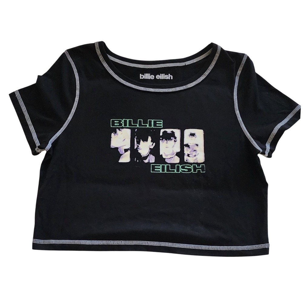 Billie Eilish Black Graphic Crop Top Contrast Stitch Short Sleeve Shirt Womens L